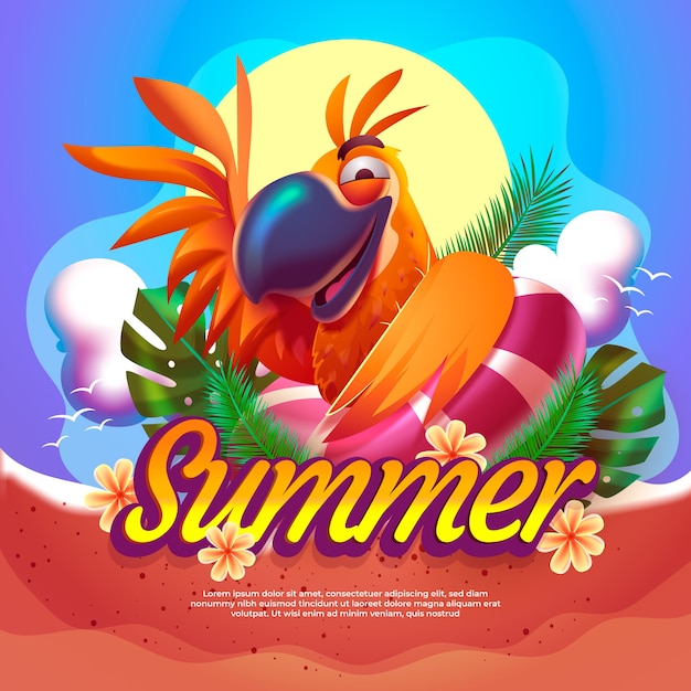 Realistic summer illustration with parrot waving