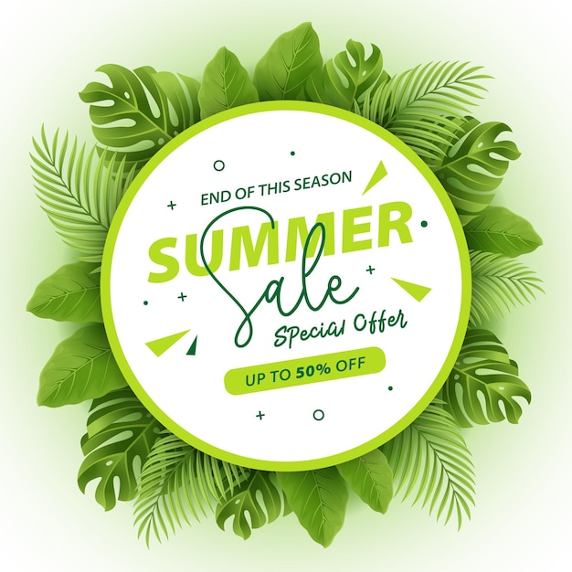 realistic summer sale banner with tropical leaves