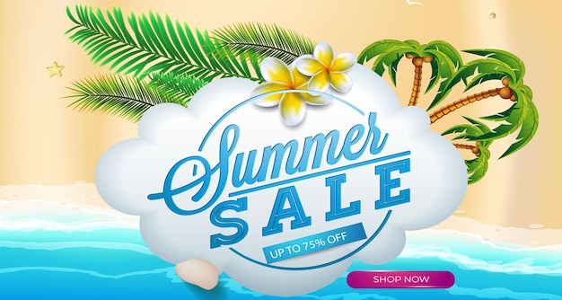 Realistic Summer super sale banner and poster design with tropical beach background Vector