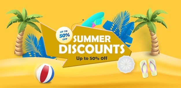 Realistic Summer super sale banner and poster design with tropical beach background Vector