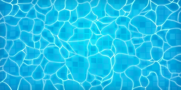 Realistic swimming pool bottom with blue water waves texture Summer aqua surface with caustics ripples Spa pool top view vector background