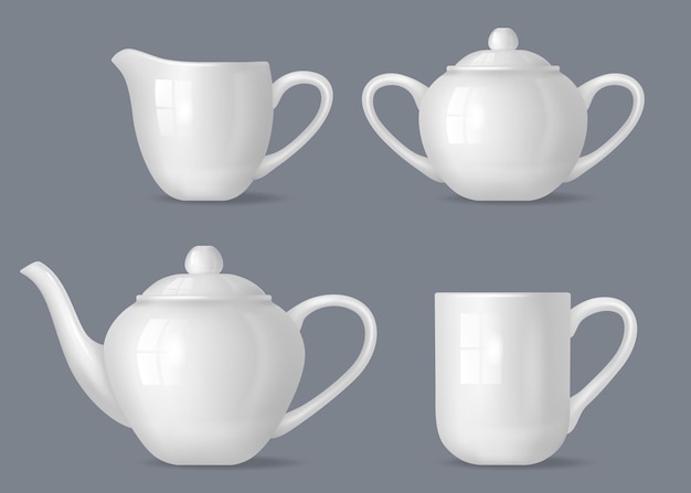 Realistic tea set Utensils for tea relax time pot tea cup bowl for sugar and kettle decent vector template