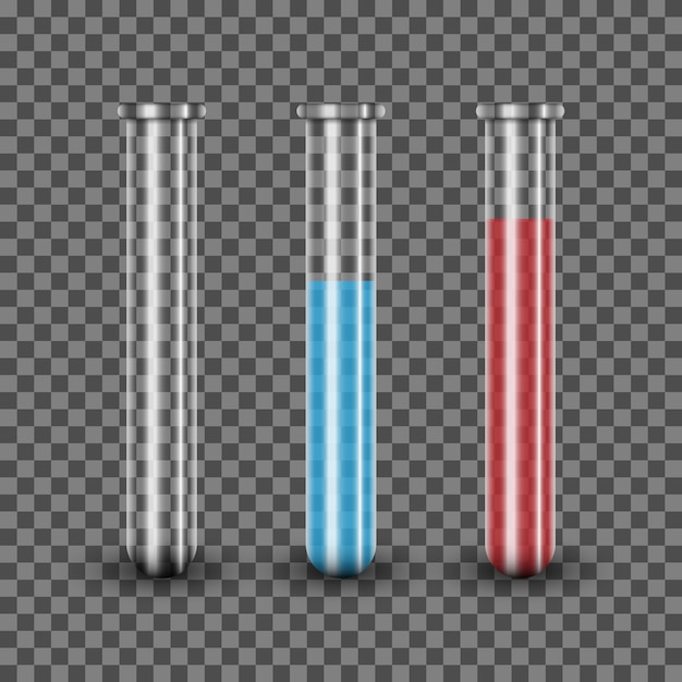 Realistic test tube with blue and red solution