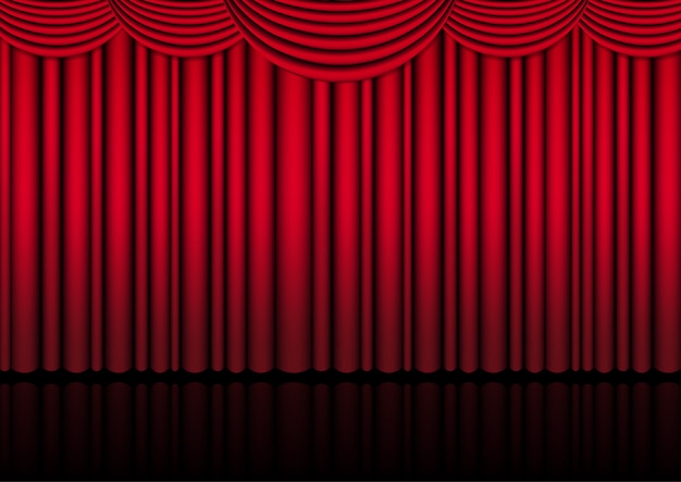 Realistic theater stage indoor with a red curtain  illustration.