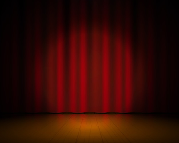 Realistic theater stage. Red curtains and spotlight, Broadway show background, elegant cinema drape