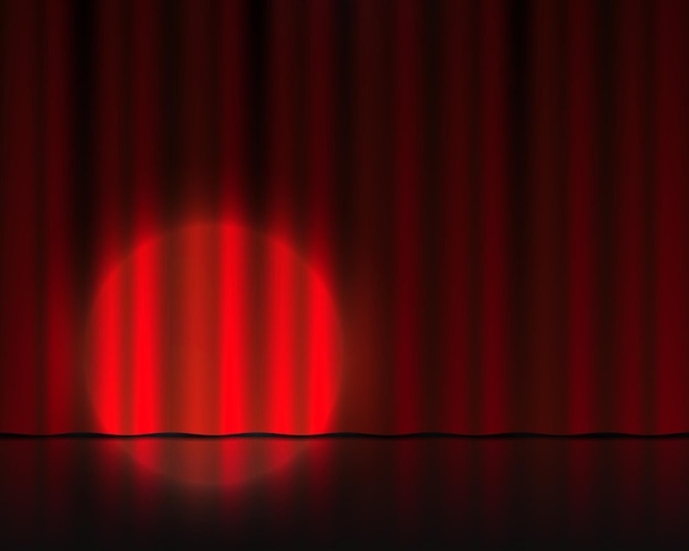 Realistic theater stage. Red velvet curtains and spotlight illumination. Circus or cinema drape. Vector isolated 3D theater background