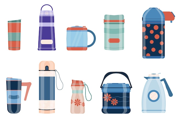 Realistic thermos vacuum flask set or bottle with hot drink coffee or tea Front view Vector