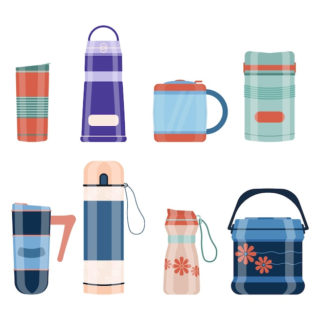 Realistic thermos vacuum flask set or bottle with hot drink coffee or tea Front view Vector