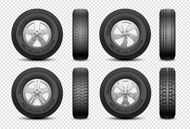 Vector realistic tires. isolated car rubber wheel. vehicle service, truck wheels repair. front and side view tire 