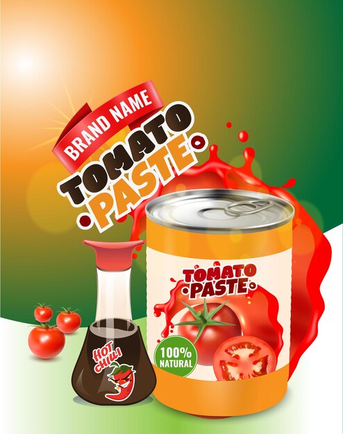 Vector realistic tomato ads with branded metal can containe