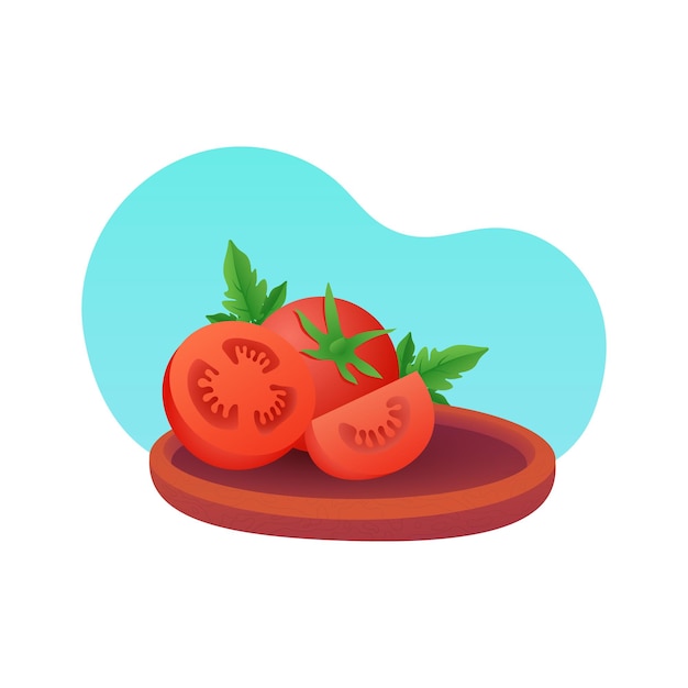 Realistic tomato illustration, vegetable, leaves, wood plate,