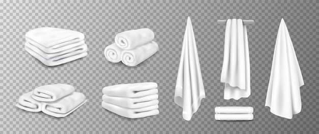 Realistic towels 3D bathroom terry cloth Rolled or stacked soft fabric on transparent background Textile toiletries hanging on hangers Vector cotton material for wiping after shower