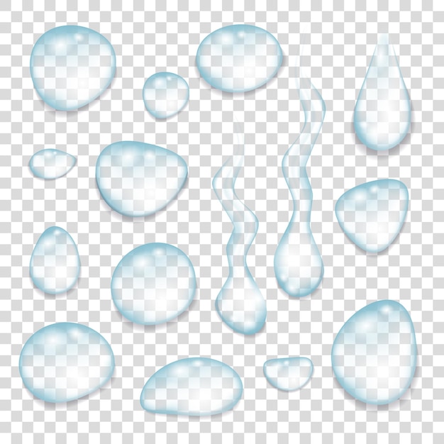 Realistic  transparent  blue drops of pure clear water isolated