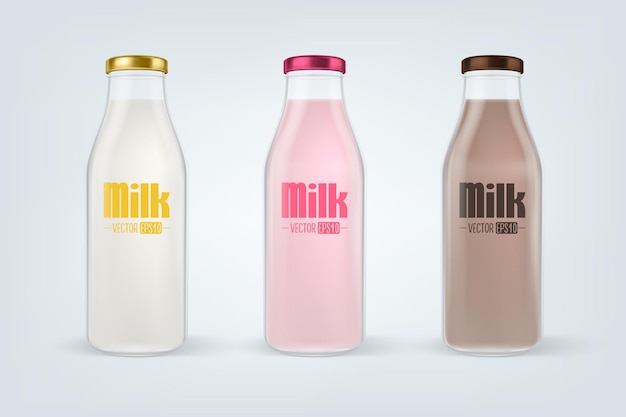 realistic transparent closed empty glass milk bottle with golden lid closeup isolated