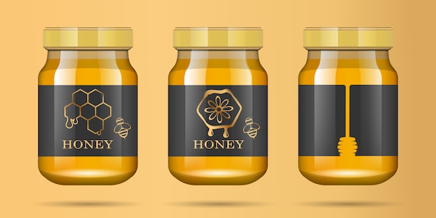 Vector realistic transparent glass jar with honey. food bank. honey packaging . honey logo. 