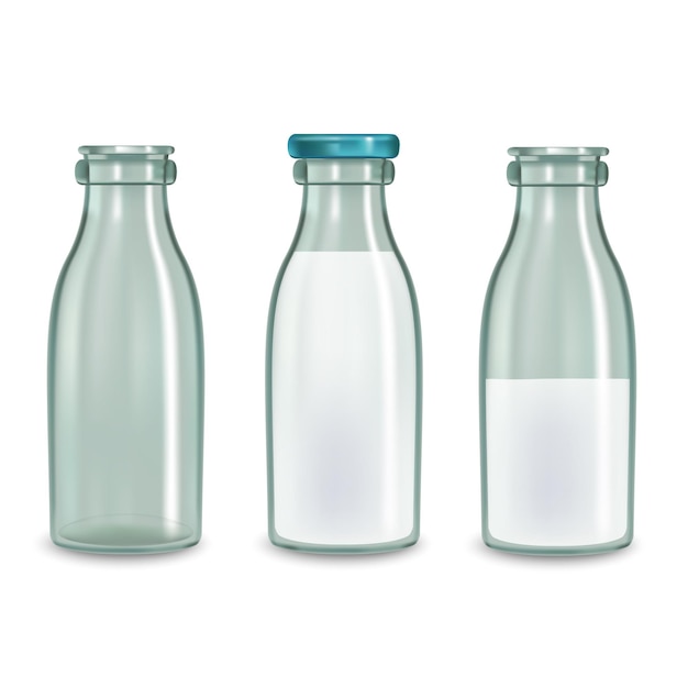 Realistic Transparent Glass Milk Bottle Set.