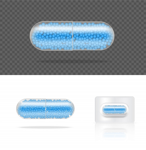 Realistic Transparent Pill Medicine Capsule Panel Vector Illustration. Tablets Medical and Health Concept.