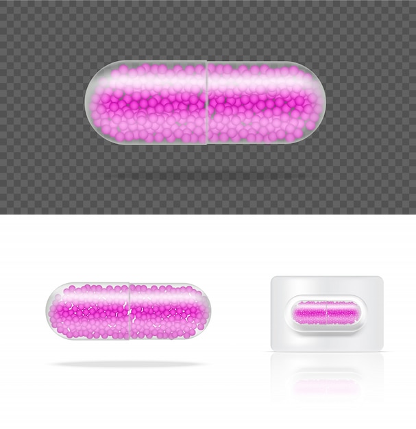 Realistic Transparent Pill Medicine Capsule Panel Vector Illustration. Tablets Medical and Health Concept.