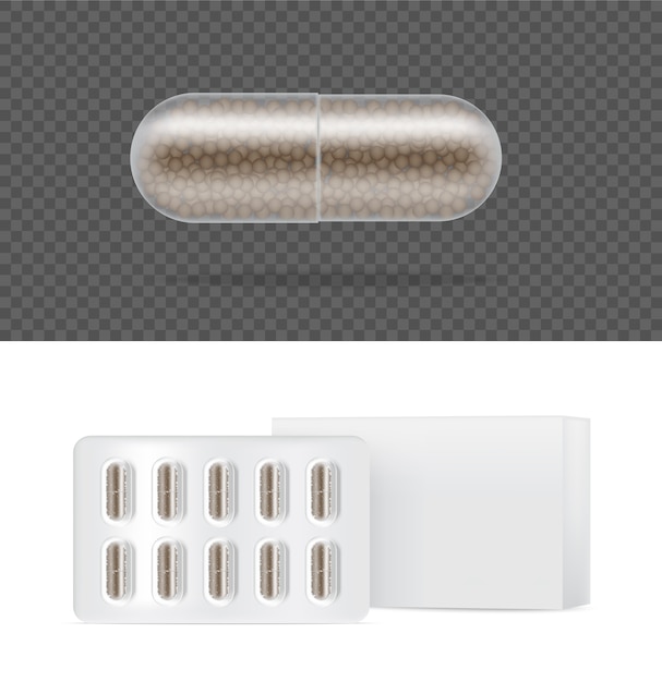  Realistic Transparent Pill Medicine Capsule Panel with box on White Background  . Tablets Medical and Health Concept.