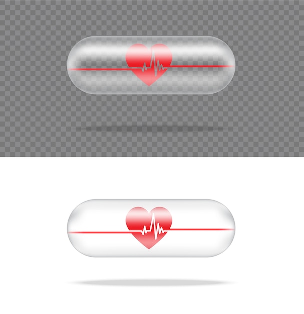 Realistic Transparent Pill Medicine Capsule Panel With Heart on White Background. Tablets Medical and Health Concept.