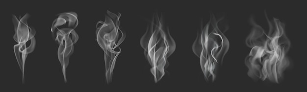 Vector realistic transparent smoke effect or fire steam pattern in white and gray color on black background