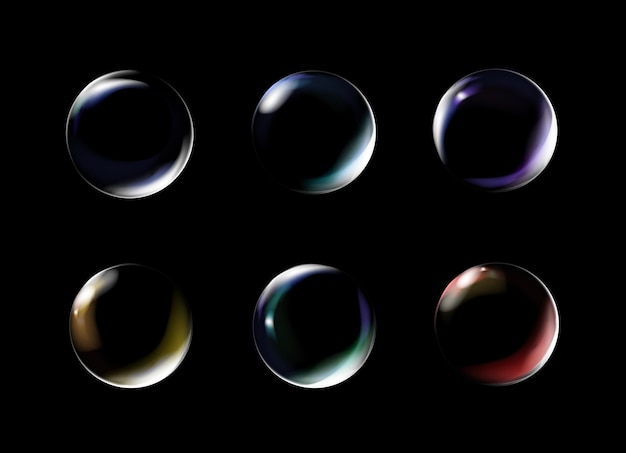 Realistic transparent soap bubble on black background Soap Bubble set with glares Bubbles