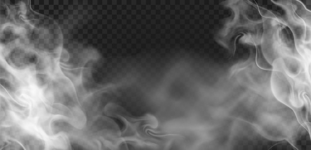 Realistic transparent wavy hot steam or smoke effect. Evaporation, fog or haze. Spooky mist cloud. Food or drink vapour vector background. Fume or gas flow, hookah smog illustration