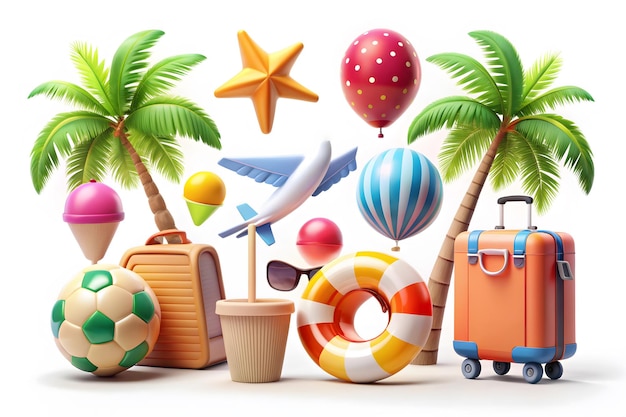 Vector realistic travel horizontal banner suitcases beach umbrellas and other attributes of tourism