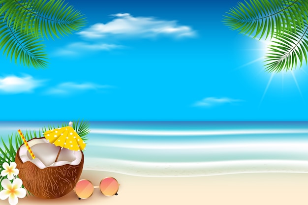 Realistic tropical summer background with coconut cocktail