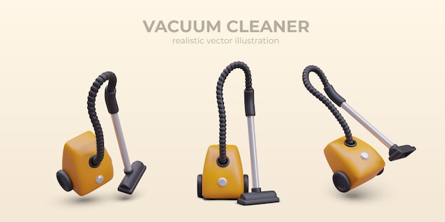 Vector realistic vacuum cleaners in different positions poster with room cleaning equipment