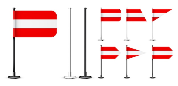 Vector realistic various austrian table flags on a black steel pole souvenir from austria desk flag made of