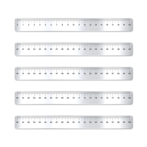 Realistic various brushed metal rulers with measurement scale and divisions measure marks school