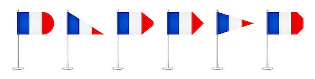 Vector realistic various french table flags on a chrome steel pole souvenir from france desk flag made of paper or fabric shiny metal stand mockup for promotion and advertising vector illustration