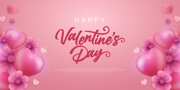 Realistic vector 3d hearts banner for valentines day with style lettering