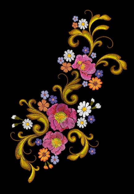 Vector realistic vector embroidery fashion patch  flower rose daisy 