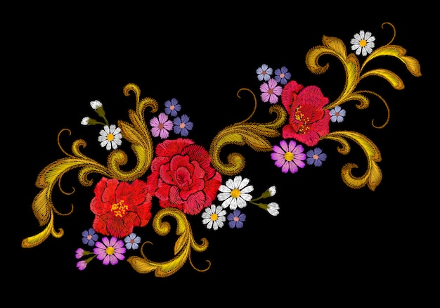 Realistic vector embroidery fashion patch  Flower rose daisy