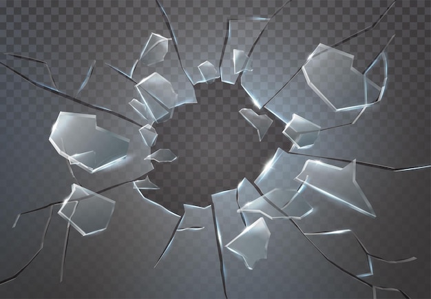 Vector realistic vector icon broken glass cracked hole with broken pieces with flying around cracks isolated on transparent background