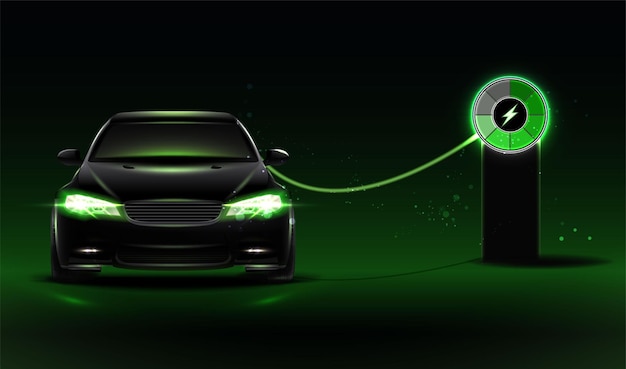 realistic vector icon. Hybrid car on charging station.