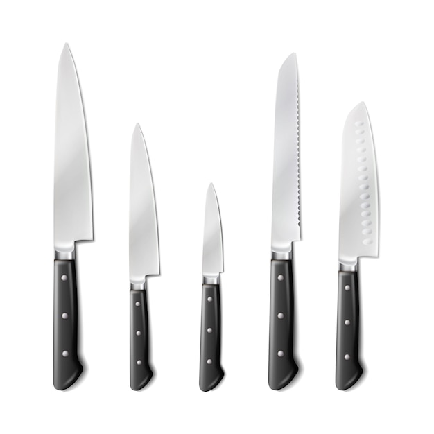 Realistic vector icon set Butcher set of steel knives with black handle