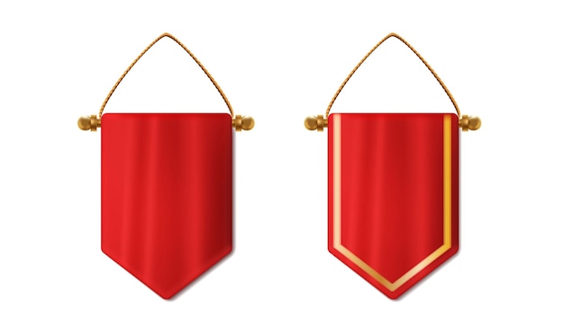 realistic vector icon set Red hanging pennant with and without gold hanging banner flag