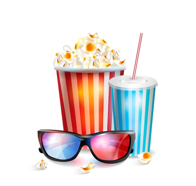 Realistic vector illustration of 3d glasses with popcorn and soda.