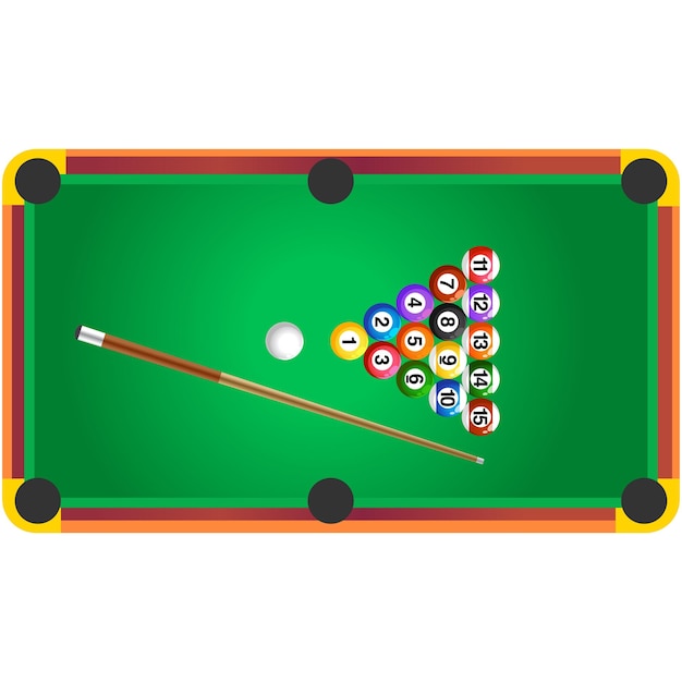 Realistic vector illustration of a green pool table with balls and cues Top view vector cartoon realistic illustration