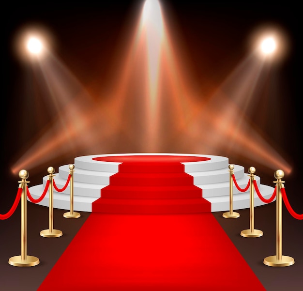 Vector realistic vector red event carpet, gold barriers and white stairs isolated on white background. design template, clipart. eps10 illustration.