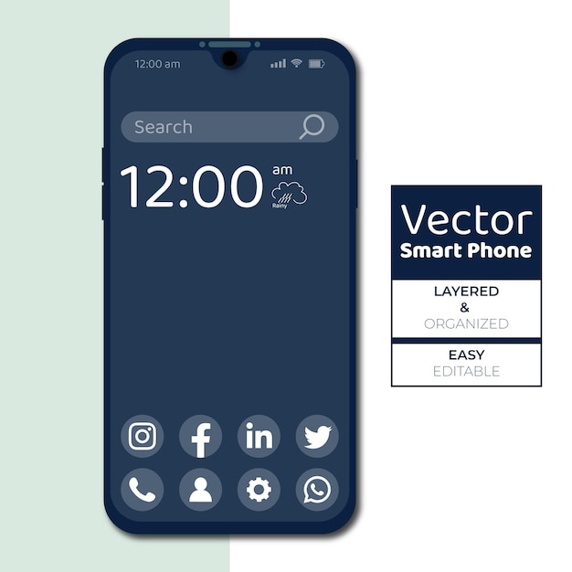 Realistic Vector Smartphone template front view with dark screen and social media icons