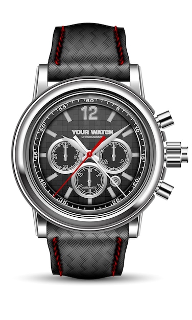 Realistic vector watch clock chronograph silver black red arrow leather weaved strip strap white