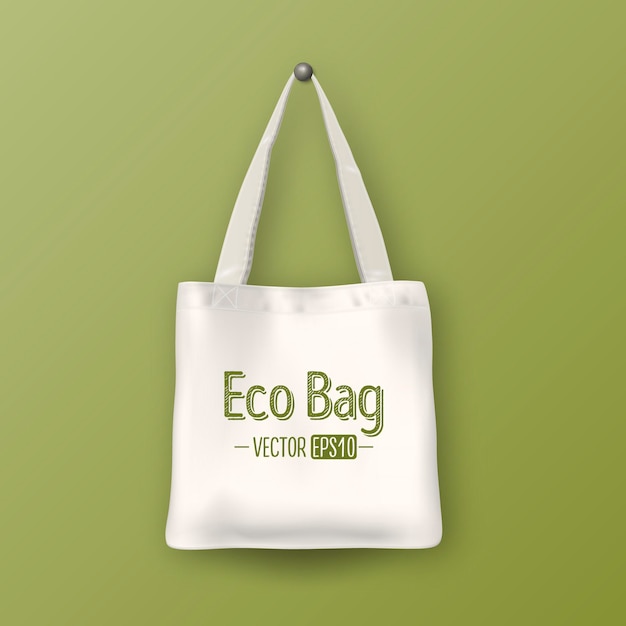 Realistic vector white empty textile tote bag. Closeup on green background. Design template for branding, mockup. EPS10 illustration.