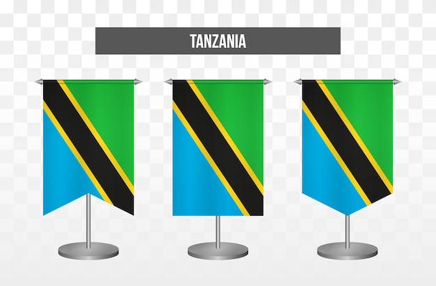 Realistic vertical 3d vector illustration desk flags of tanzania isolated