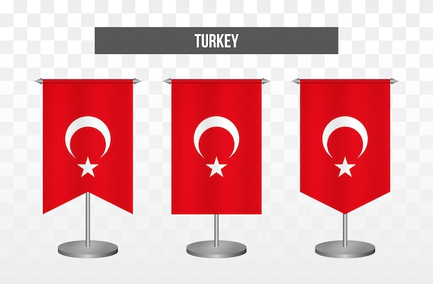 Realistic vertical 3d vector illustration desk flags of turkey turkiye isolated