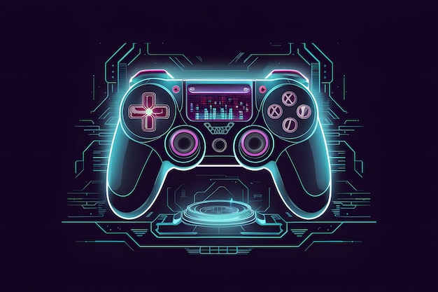 Realistic video game controller in neon lights on vibrant background