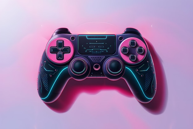 Realistic video game controller in neon lights on vibrant background